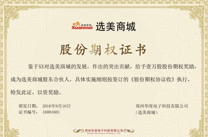 股權期權證書 授權書  證書模板
