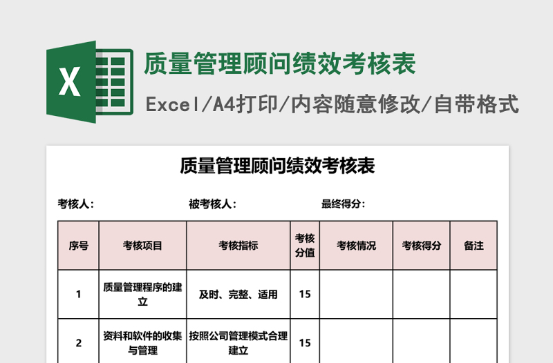 质量管理顾问绩效考核表Excel表格