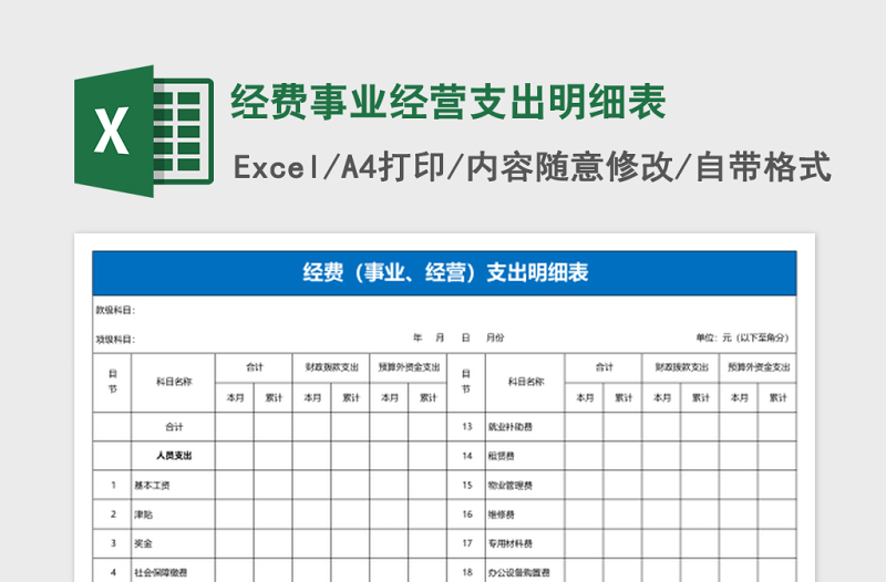 经费事业经营支出明细表Excel模板
