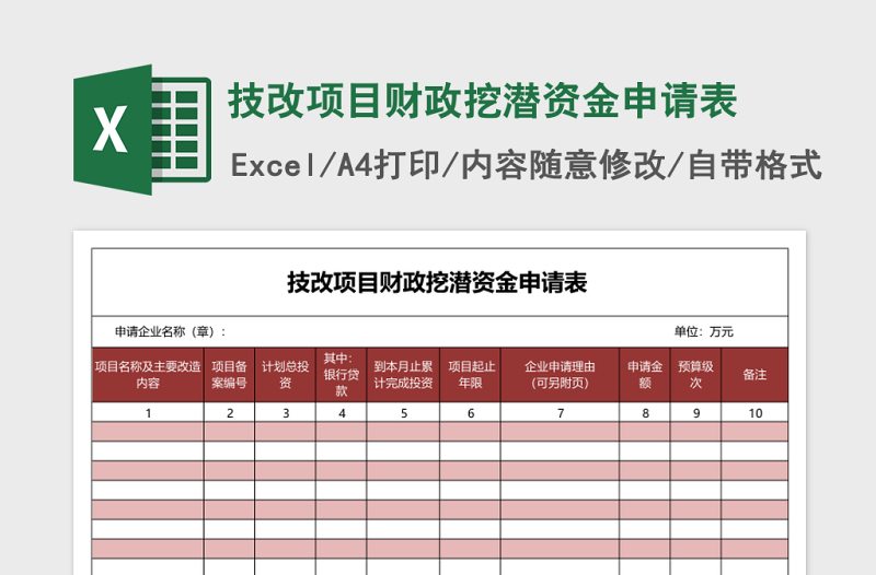 Excel表格技改项目财政挖潜资金申请表