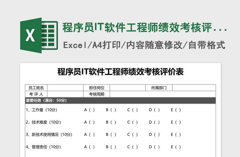 程序员IT软件工程师绩效考核评价表Excel表格
