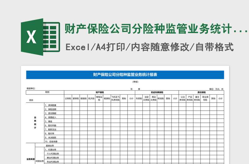 财产保险公司分险种监管业务统计报表Excel表格