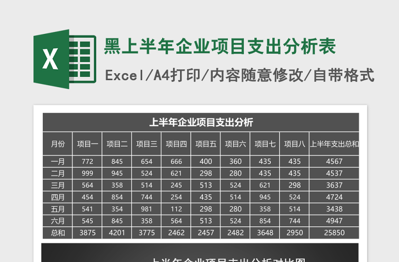 黑上半年企业项目支出分析表Excel模板