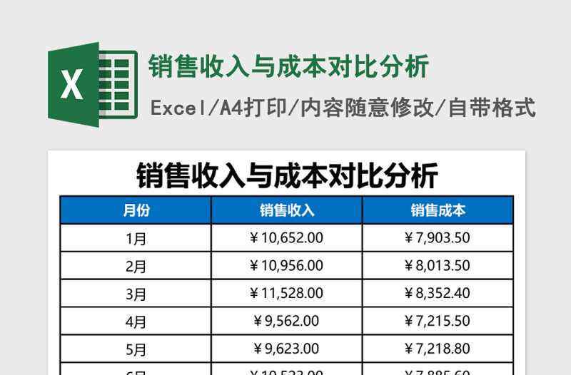 销售收入与成本对比分析Excel模板