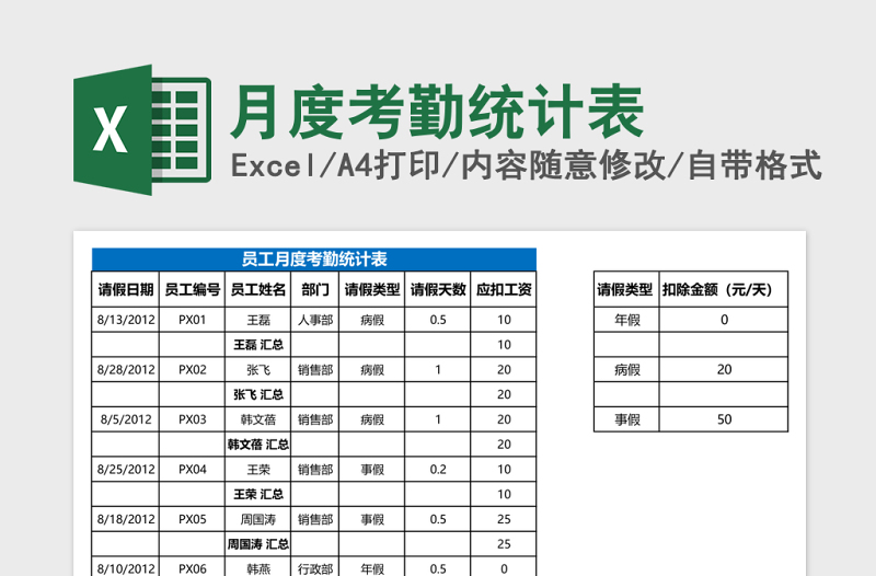 月度考勤统计表Excel表格