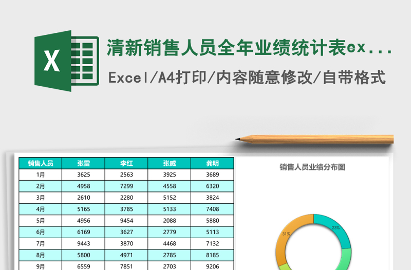 清新銷售人員全年業(yè)績統(tǒng)計表excel模板