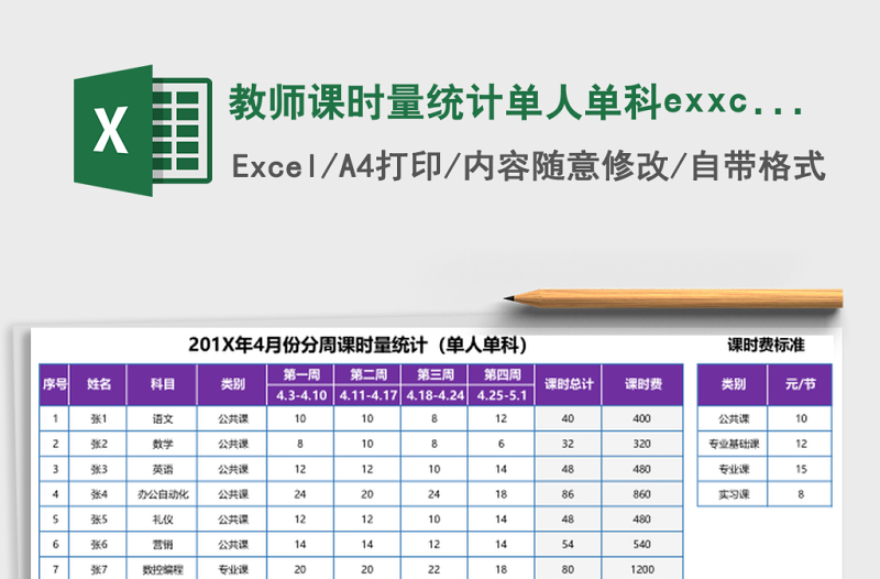 教師課時(shí)量統(tǒng)計(jì)單人單科exxcel表格模板
