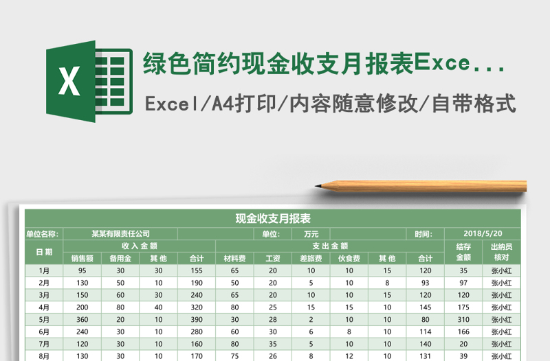綠色簡約現(xiàn)金收支月報表Excel圖表模板