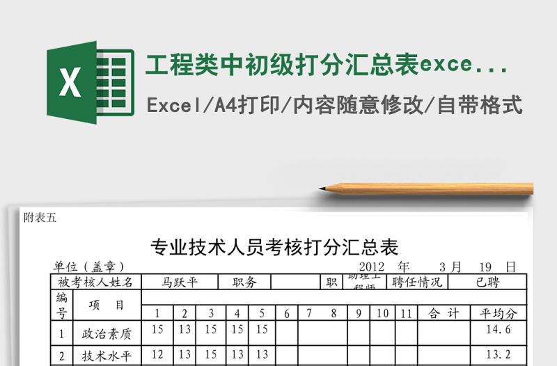 工程類中初級(jí)打分匯總表excel表格模板