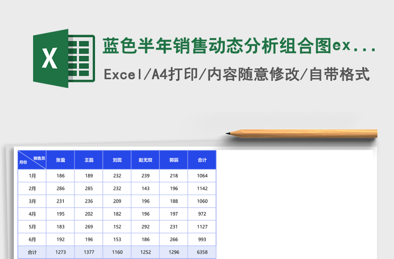 藍(lán)色半年銷(xiāo)售動(dòng)態(tài)分析組合圖excel模板