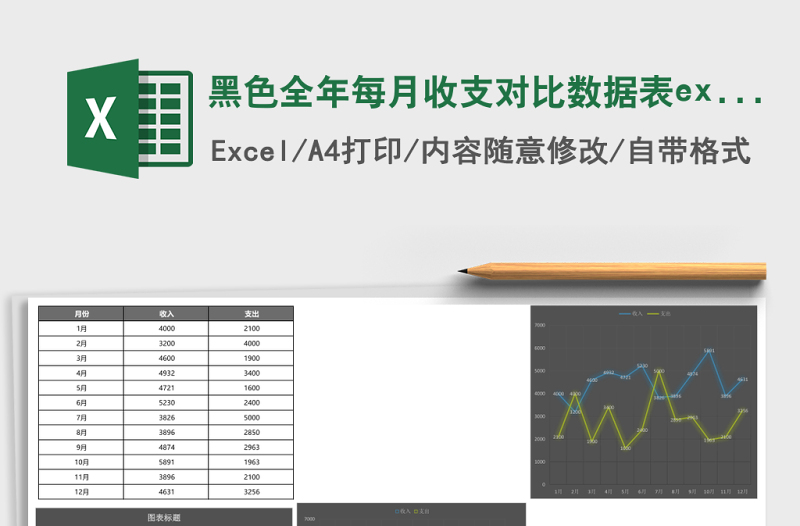 黑色全年每月收支對比數(shù)據(jù)表excel模板
