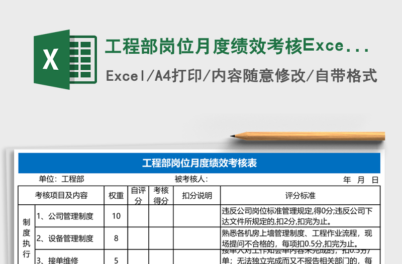 工程部崗位月度績(jī)效考核Excel表格