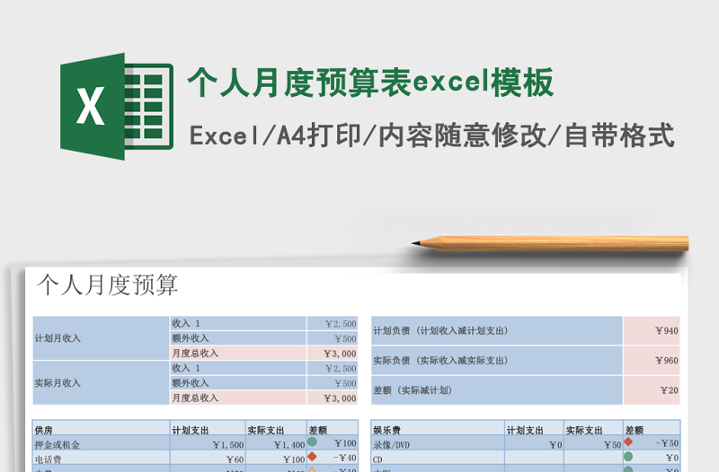 個人月度預(yù)算表excel模板