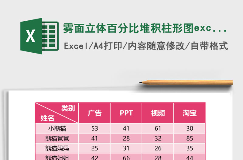 霧面立體百分比堆積柱形圖excel模板