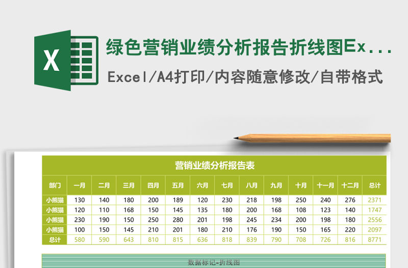 綠色營銷業績分析報告折線圖Excel模板
