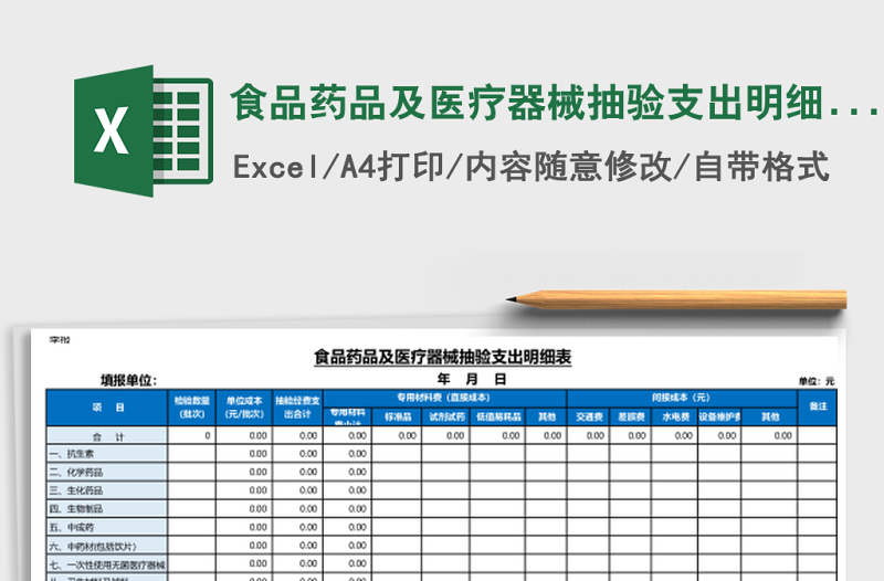 食品藥品及醫(yī)療器械抽驗支出明細表Excel模板