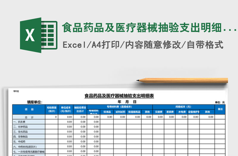 食品藥品及醫療器械抽驗支出明細表Excel模板