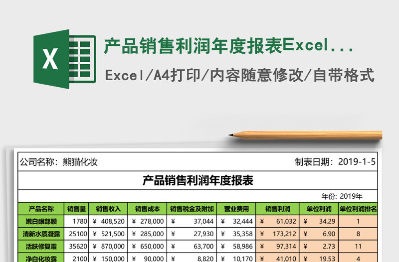 產品銷售利潤年度報表Excel模板