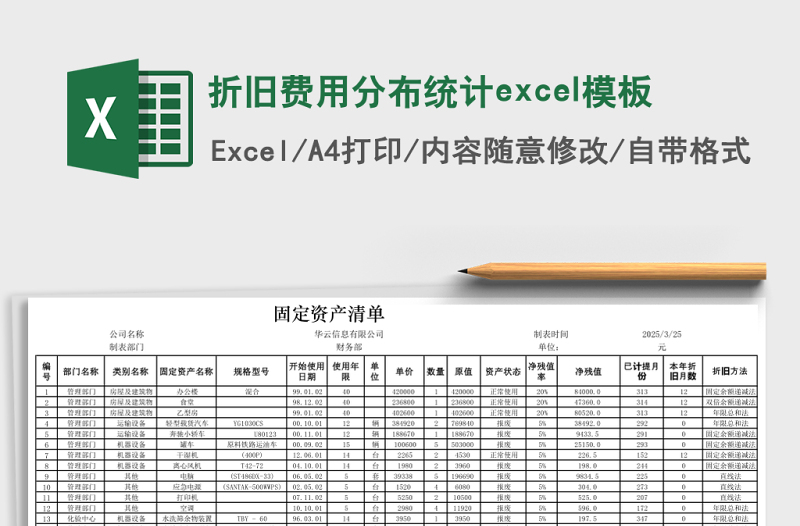 折舊費用分布統(tǒng)計excel模板