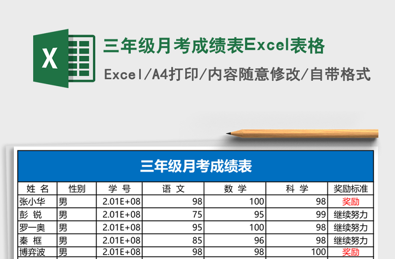 三年級(jí)月考成績(jī)表Excel表格