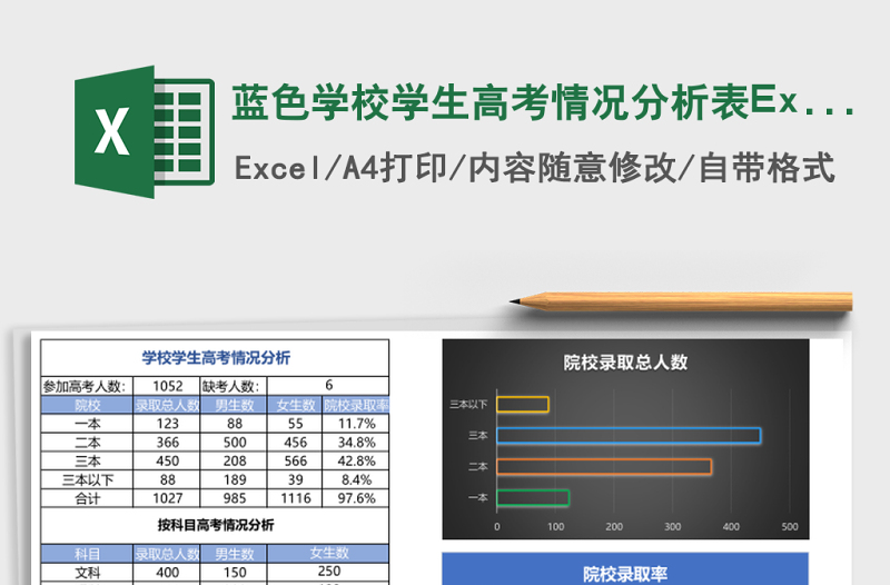 藍(lán)色學(xué)校學(xué)生高考情況分析表Excel模板