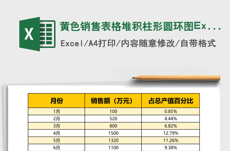 黃色銷(xiāo)售表格堆積柱形圓環(huán)圖Excel模板