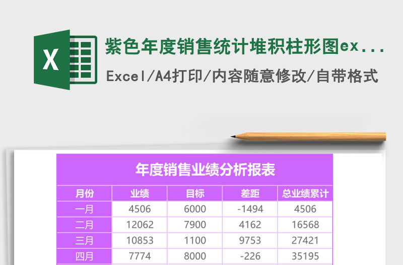 紫色年度銷售統(tǒng)計堆積柱形圖excel模板