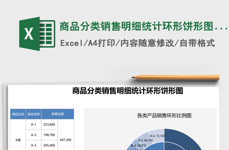 商品分類銷售明細(xì)統(tǒng)計環(huán)形餅形圖excel表格模板