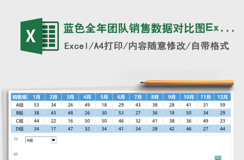 藍(lán)色全年團(tuán)隊(duì)銷售數(shù)據(jù)對(duì)比圖Excel模板
