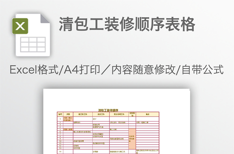 清包工裝修順序表格
