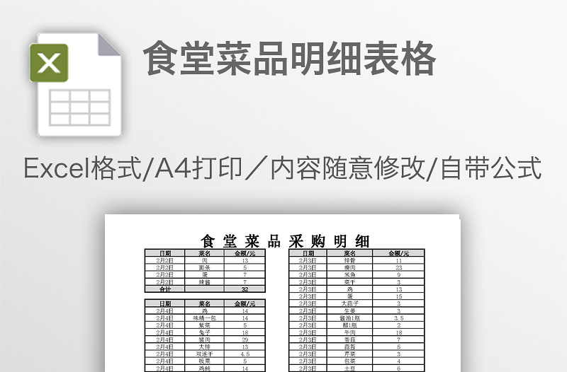 食堂菜品明細(xì)表格