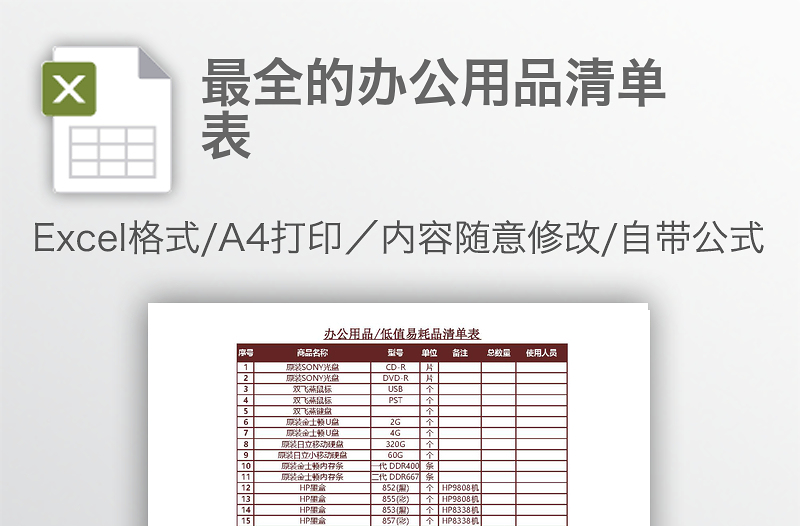 最全的辦公用品清單表