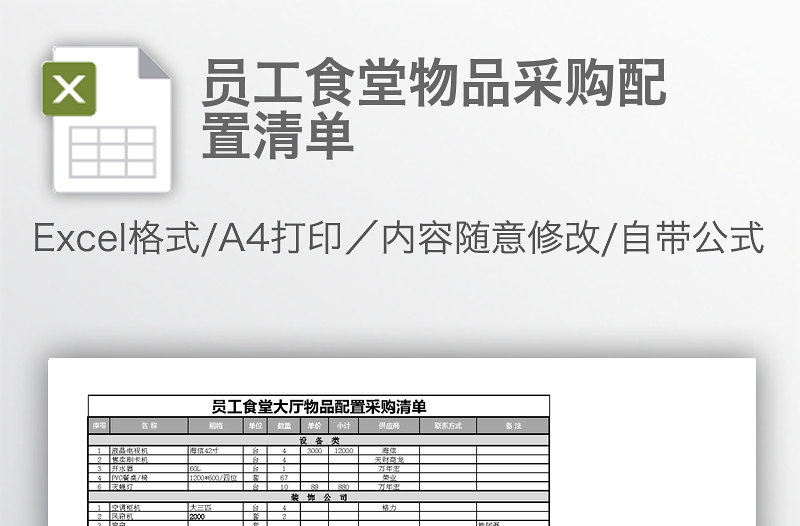 員工食堂物品采購配置清單