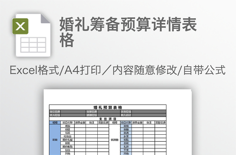 婚禮籌備預(yù)算詳情表格
