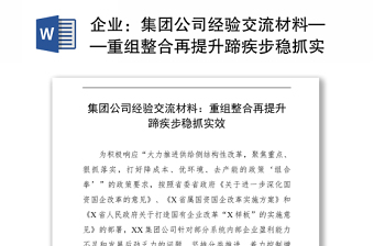 企業(yè)：集團(tuán)公司經(jīng)驗(yàn)交流材料——重組整合再提升蹄疾步穩(wěn)抓實(shí)效