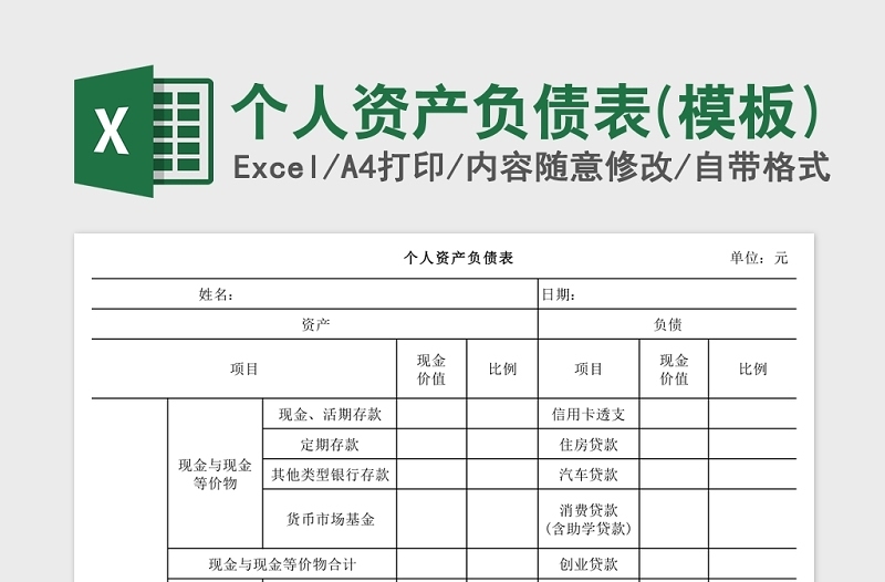 個人資產(chǎn)負債表Excel