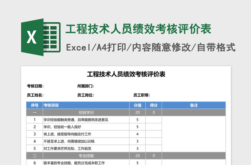 工程技術人員績效考核評價Excel表格