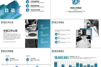 藍色簡約風水彩年終總結匯報PPT模板