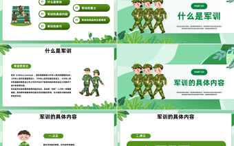 2023迷彩軍訓青春無悔PPT卡通風秋季開學新生軍訓課件模板下載