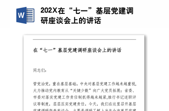 202X在“七一”基層黨建調(diào)研座談會上的講話