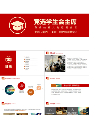 競選學生會主席PPT紅色簡約某學院某專業(yè)PPT