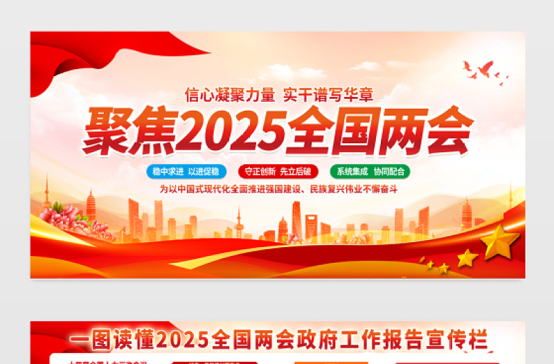 聚焦兩會(huì)展板紅色大氣2025兩會(huì)精神宣傳欄設(shè)計(jì)模板