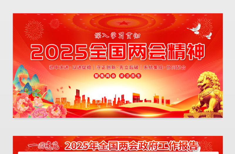 紅色精美深入學(xué)習(xí)貫徹2025全國(guó)兩會(huì)精神宣傳展板模板