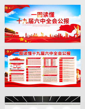 十九屆六中全會公報展板紅色黨政風一圖讀懂中國共產黨第十九屆中央委員會第六次全體會議公報全文內容宣傳欄設計模板