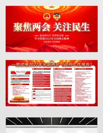 2022政府工作報告宣傳欄紅色大氣聚焦兩會關(guān)注民生奮進新時代逐夢新征程展板設(shè)計模板