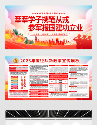 2023年征兵政策宣傳欄精美大氣大學(xué)生參軍入伍參軍報國建功立業(yè)宣傳展板