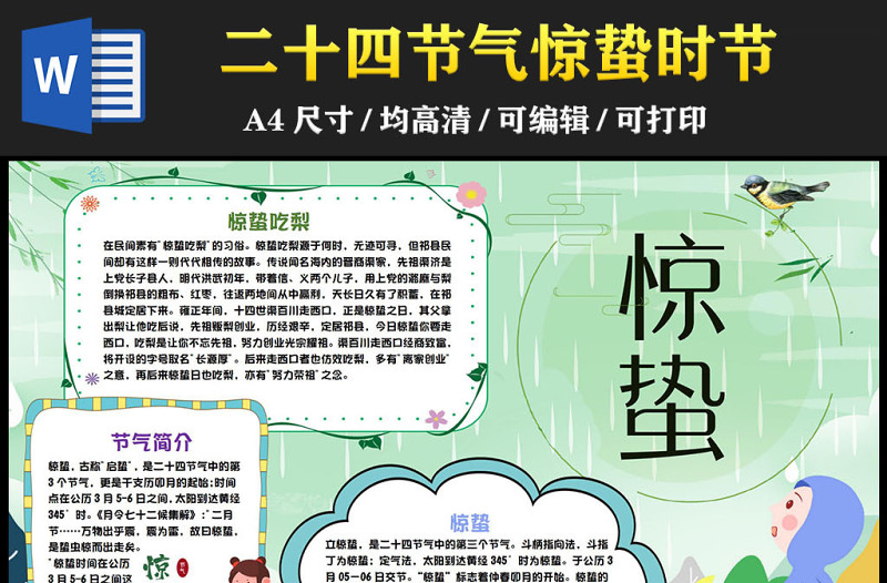 2023驚蟄手抄報綠色活潑節(jié)氣簡介中國傳統(tǒng)二十四節(jié)氣驚蟄時節(jié)電子小報模板