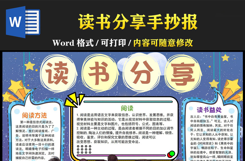 2022閱讀分享手抄報溫馨卡通一起分享閱讀快樂小報模板下載