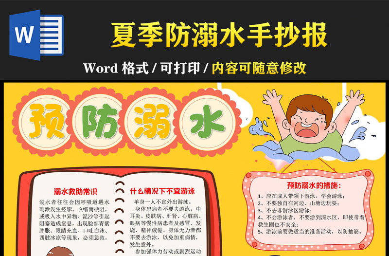 夏季預(yù)防溺水手抄報(bào)童趣可愛溺水救助常識小報(bào)模板下載