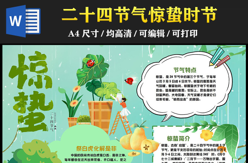 2023驚蟄手抄報卡通創(chuàng)意節(jié)氣簡介中國傳統(tǒng)二十四節(jié)氣驚蟄時節(jié)電子小報模板